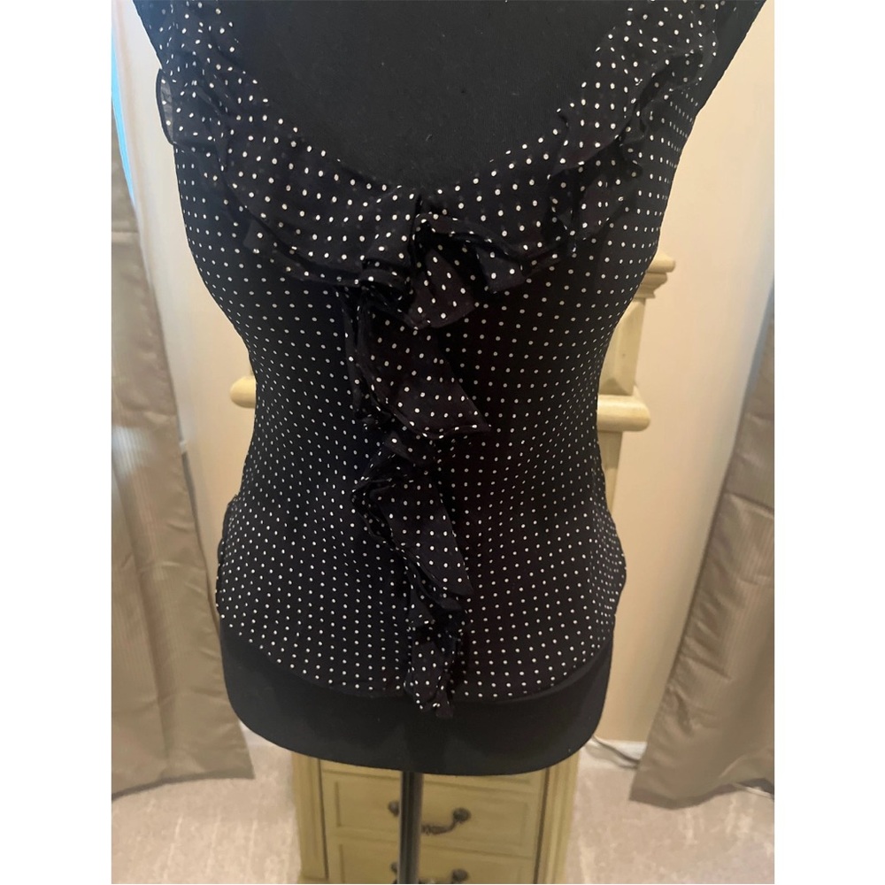 VTG Ralph Lauren Silk Black and White Polka Dot Ruffle Sleeveless Blouse - Picture 3 of 10